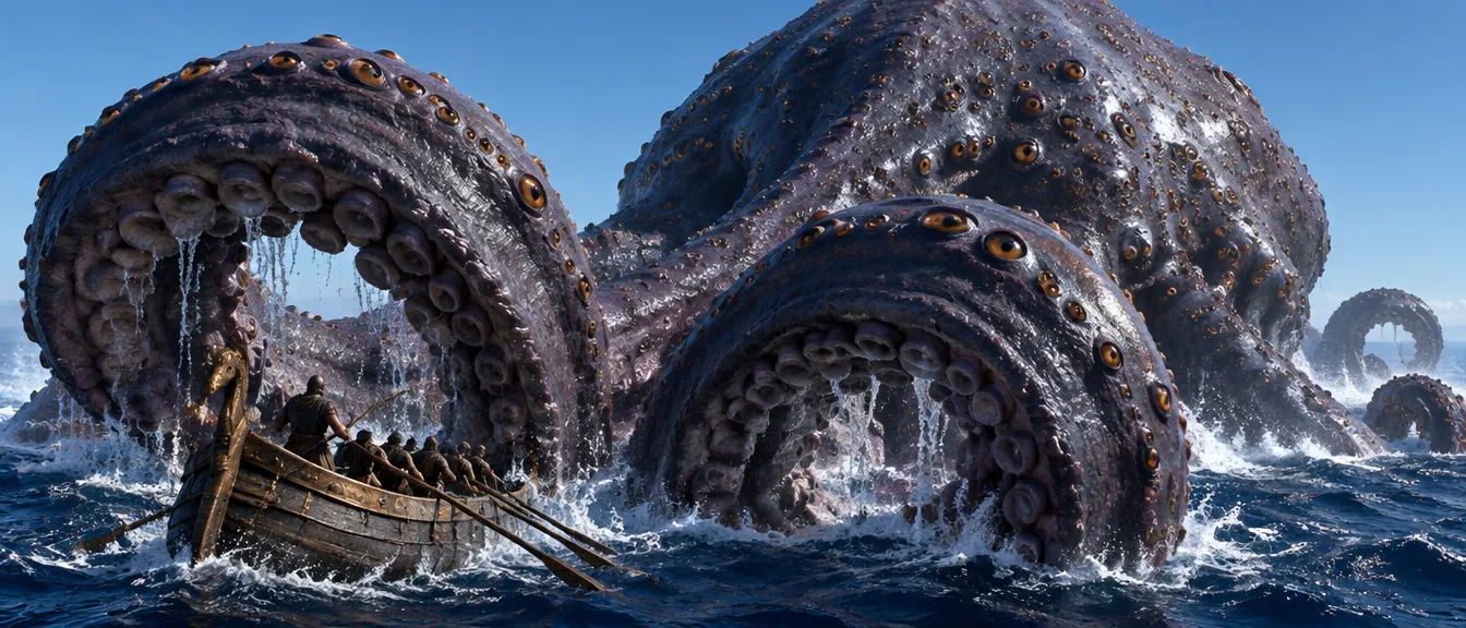 The Hundred-Eyed Swell, gurita raksasa bermata banyak, dua lengannya melengkung di atas kapal kecil
